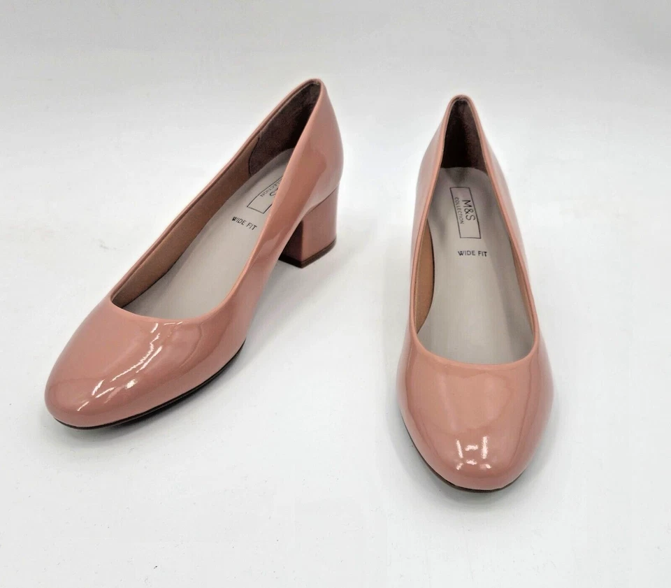 M&S COLLECTION Wide Fit Patent Block Heel Court Shoes - Image 1 of 4