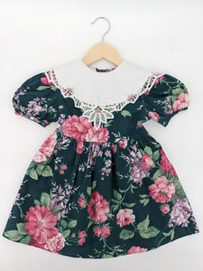 Vintage 1990s Bonnie Jean Green Floral Lace Puff Sleeve Dress Collar Girl Size 4 - Picture 1 of 10
