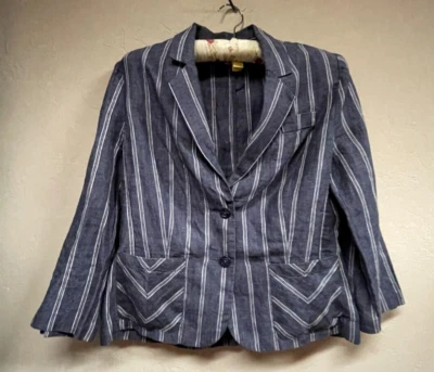 Cabi Womens Blazer Jacket Puff Sleeve Two-Button Size 8 Blue White Stripe Linen - Image 1 of 4