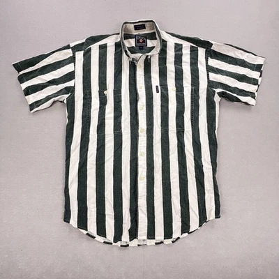 VTG Chaps Ralph Lauren Shirt Mens Med Green White Linen Blend Stripe Button Down - Image 1 of 4