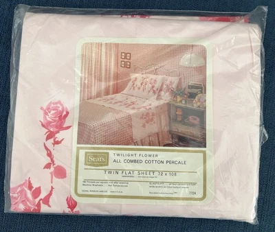 Vintage 70s Sears Twilight Flower Twin Flat Sheet Pink Roses Cotton Blend NEW - Image 1 of 4