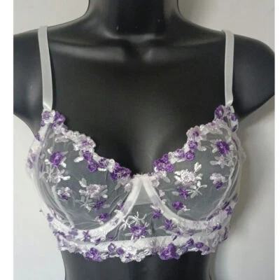 White & Lavender Sheer Lace Bra Women's Small - Image 1 of 3