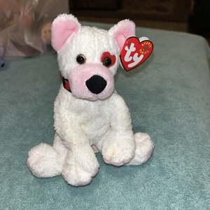 TY Beanie Babies "Cupid" 2001 5.75" Sitting Heart on Left eye White Dog   MWMT's - Picture 1 of 4