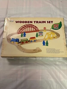First Learning 35 Piece Wooden Train Track Set Engine Train Cars Accessories - Picture 1 of 6