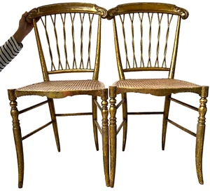 ANTIQUE FRENCH CHAIRS SALON HALL BEDROOM ACANTHUS LEAF MOTIF RATTAN SEAT 19TH C - Picture 1 of 23