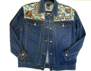 I.B. Diffusion Vtg Denim Sequin Jean Jacket Sz 6 Medium Beaded Shoulders Medium - Picture 1 of 10