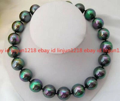 Huge 16mm Rainbow Black South Sea Shell Pearl Round Beads Necklace 18'' - Image 1 of 4