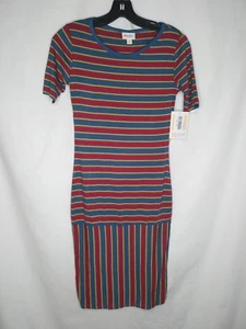 lularoe Julia dress xxs 2xs xx small striped navy gold red jersey stretch NWT - Picture 1 of 8