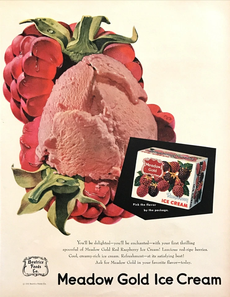 1951 Meadow Gold Red Frambuesa Helado Cartón Foto De Colección Promo Impresión Anuncio Foto 1 de 1