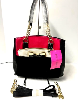 Bolso Betsey Johnson Negro Fucsia y Negro Terciopelo Rosas Bolsa Extraíble Nuevo con Etiquetas Foto 1 de 4
