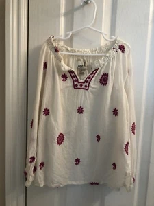 Girl's PEEK Brand Nordstrom Beige & Fuchsia Embroidered Long Sleeve Top L Size 8 - Picture 1 of 10