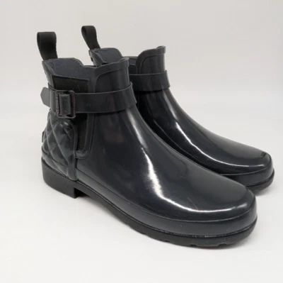 Botas Chelsea femininas Hunter tamanho 6 refinadas slim fit acolchoadas brilhantes cinza carvão - Imagem 1 de 4