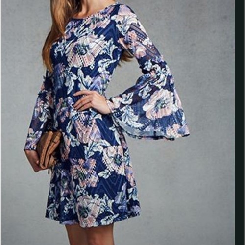 VETEMENTS Westport Pullover Abito Manica a Campana Blu Rosa Chiaro Pallido Floreale M Fata Delicato