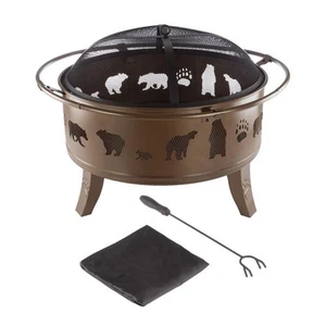 Pure Garden Wood-Burning Fire Pits Round Steel Deep Antique Gold W/Bear Cutouts - Bild 1 von 8