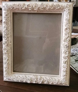Cottage Whitewash Shappy Chic Carved Picture Frame Wood Roses 8x10 - Picture 1 of 8