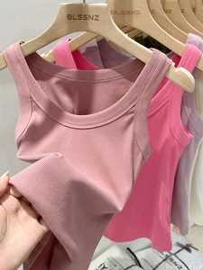 Camiseta sin mangas acanalada redonda lisa para mujer Camiseta sin mangas elástica básica Cuello en O Camiseta sin mangas lisa - Imagen 1 de 36