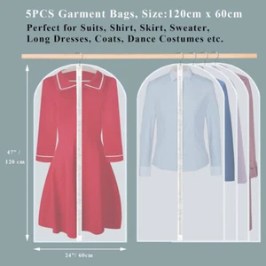5X Clear Polythene Garment Cover Suit Dress Coat Dust Protector Zip Bag 60*120cm - Picture 1 of 20
