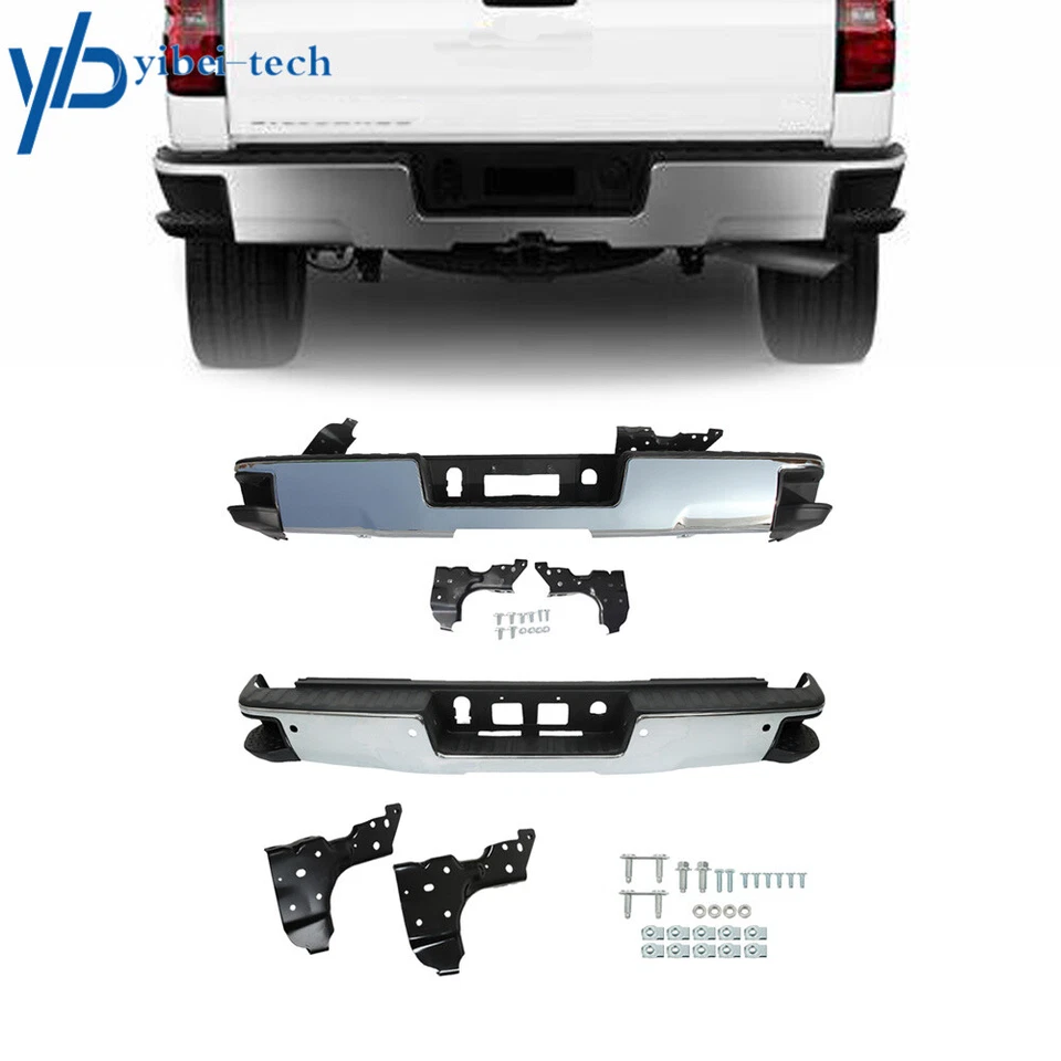 Chrome Rear Bumper Assembly For Chevy Silverado GMC Sierra 1500 2014-2017 2018 - Imagem 1 de 4