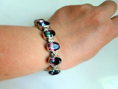 Pulsera Art Deco Natural 6x15mm Ovalada CORTE TOPACIO MÍSTICO 8.5" PLATA 925 8" de largo Foto 1 de 4