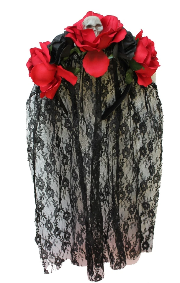 Deluxe Long Veil Black, DOD Dia de los Muertos, Halloween Rose Flower Headband - Image 1 of 4