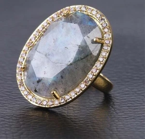 E09 Oval aus grauem Labradorit Ring vergoldet größenverstellbar - Bild 1 von 1