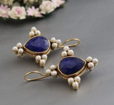 Brincos Museum Edwardian moldura de ouro pérola azul flor corte geométrico vintage 14k - Imagem 1 de 4