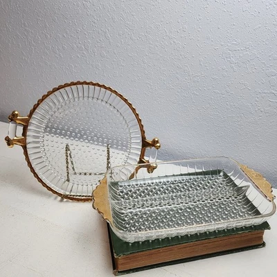 Anchor Hocking Vintage Glass Divided Relish Tray & Gold Trim Round Serving Dish - Image 1 of 4