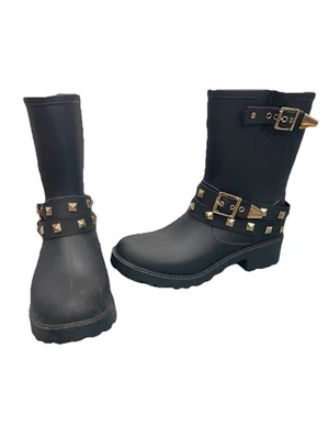 Steve Madden 黑色橡胶铆钉扣摩托短雨靴 7 码 — 第 1/4 张图片