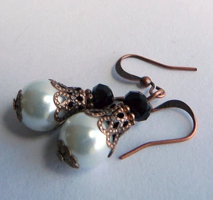 Victorian Vintage Style Antique Copper White Pearl Jet Black Crystal Earrings - Picture 1 of 5