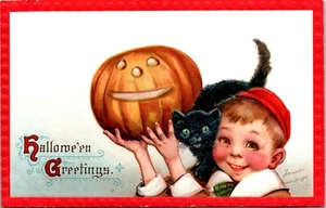 Frances Brundage HALLOWE'EN GREETINGS Embossed Pumpkin Cat Postcard - Picture 1 of 2