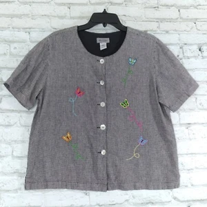 Stonebridge Blouse Womens Large Houndstooth Embroidered Butterflies Button Up - Picture 1 of 8