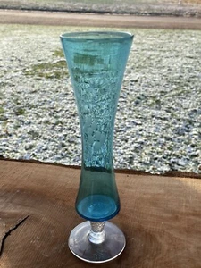 Vintage Blue Hand Blown Art Glass Bud Vase Etched Floral Art & Base - Picture 1 of 6
