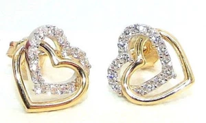 9CT HALLMARKED YELLOW & WHITE GOLD SPARKLING DOUBLE HEART 9MM STUD EARRINGS - Picture 1 of 9