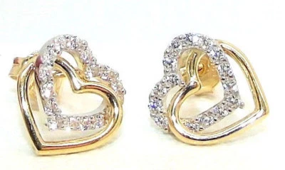 9CT HALLMARKED YELLOW & WHITE GOLD SPARKLING DOUBLE HEART 9MM STUD EARRINGS - Image 1 of 4