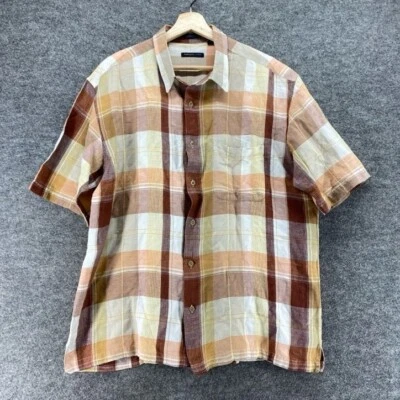 Camisa Van Heusen Hombre L Grande Beige A Cuadros Cuello Abotonado Lino Manga Corta Foto 1 de 4