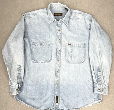Camisa de mezclilla Y2K Timberland para hombre L azul manga larga descolorida grunge ropa de trabajo utilitaria Foto 1 de 4