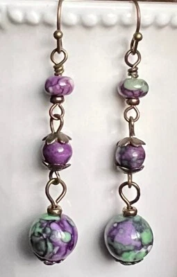 Beautiful Bronze with Green and Purple Flower Jasper Bead Earrings.  Lavender. - Image 1 of 3