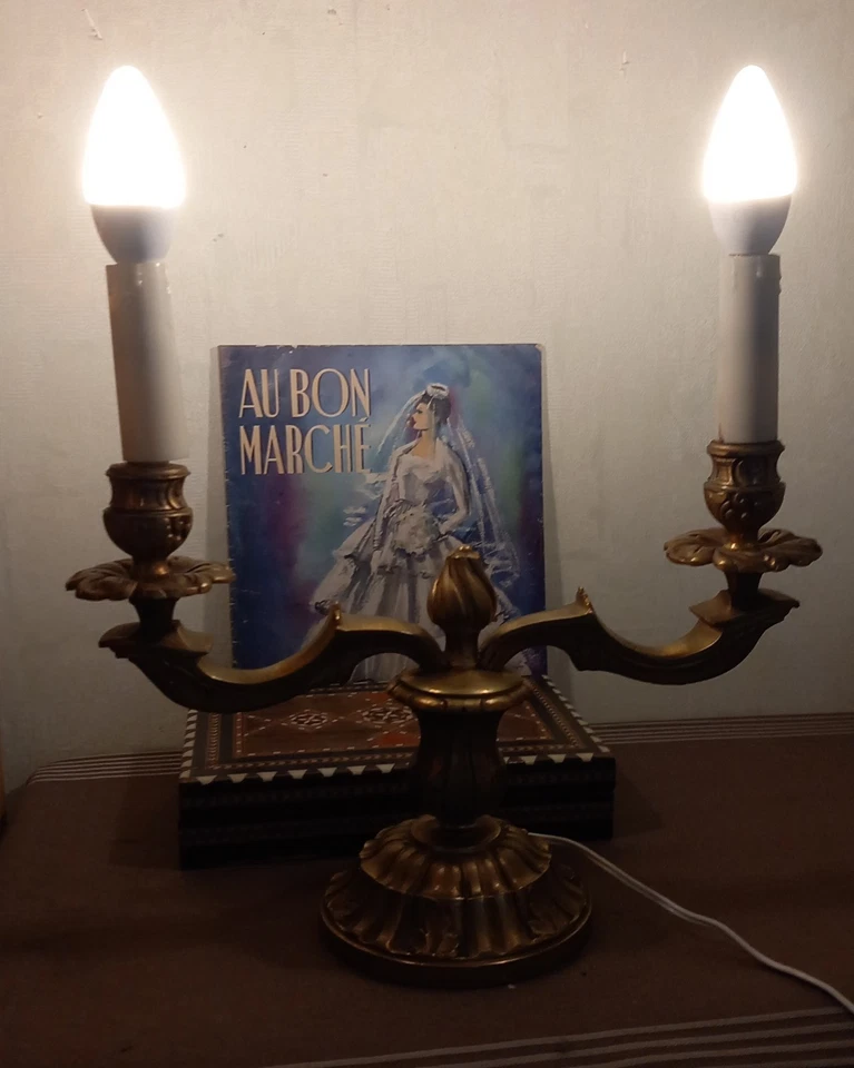 Lampe bougeoir bronze doré 2 bras style Louis XVI vintage électrifiée 1950/70 - Photo 1/4