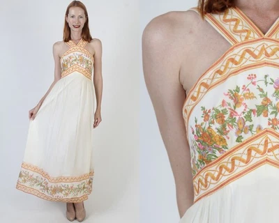 Винтажный 70-х романтический кремовый шифоновое платье высокая талия цветочный с белый сарафан - Изображение 1 из 4