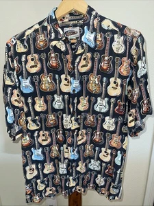 VTG Reyn Spooner Art Of Eddy Y Hawaiian Shirt Mens Medium Guitars Rock & Roll - Picture 1 of 8