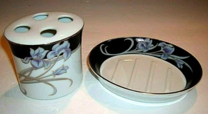 VTG MCM Sat. Knight Japan Porcelain Iris Gold Trim Soap Dish-Toothbrush Holder - Picture 1 of 9