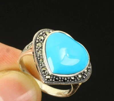 TURQUOISE 925 SILVER HANDMADE TURKISH HEART SHAPED RING - Immagine 1 di 4