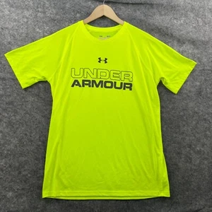 Under Armour T Shirt Mens S Neon Yellow Loose Heat Gear Logo Spell Out Athletic - Picture 1 of 10