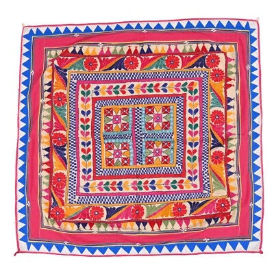 Vintage Hand Embroidery Tapestry Indian Cotton Checked Wall Hanging 3.2 x 3 ft - Image 1 of 4