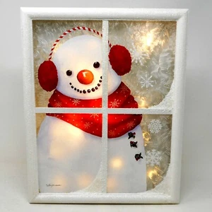 Stony Creek dekorativer beleuchteter Glas Schneemann mit Ohrenschützern 15" x 12" Rahmen EMR03 - Bild 1 von 10
