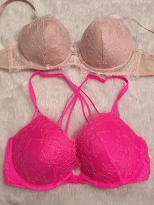 VICTORIA'S SECRET Bra Set Lot 32D Lined Plunge & Very Sexy Padded Push-Up Lace - Picture 1 of 6