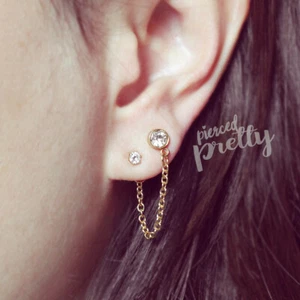 CZ stud chain earring, 20g dangle lobe chain earring gold stainlee steel jewelry - Picture 1 of 8