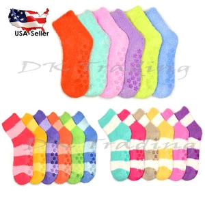6-12pairs Non-Skid Cozy Fuzzy Super Soft Winter Stripe Solid Slipper Socks 9-11 - Picture 1 of 6