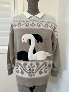 Suéter Jersey Tejido Vintage Años 80 90 R Jay Blanco Miel Negro Cisnes Beige M L 12 - Imagen 1 de 13