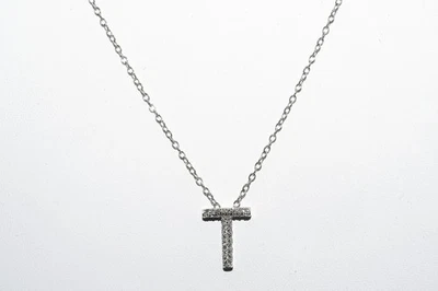 $1,200 Collar Deslizable Plata de Ley 925 .25CT Diamante Natural Racimo Letra T Foto 1 de 4